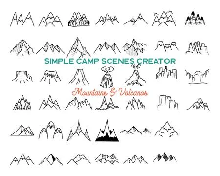 Simple vector mountains icons shapes set. Logo creation kit. Outdoor adventure Stock Illustration