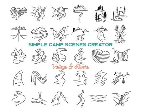 Simple vector mountains valleys and rivers icons shapes set. Logo creation kit Illustrazione stock