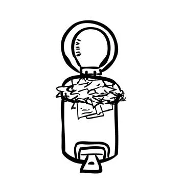 Simple Vector Outline Hand Draw Sketch, Full crumpled Paper opened trash bin, Stock Illustration