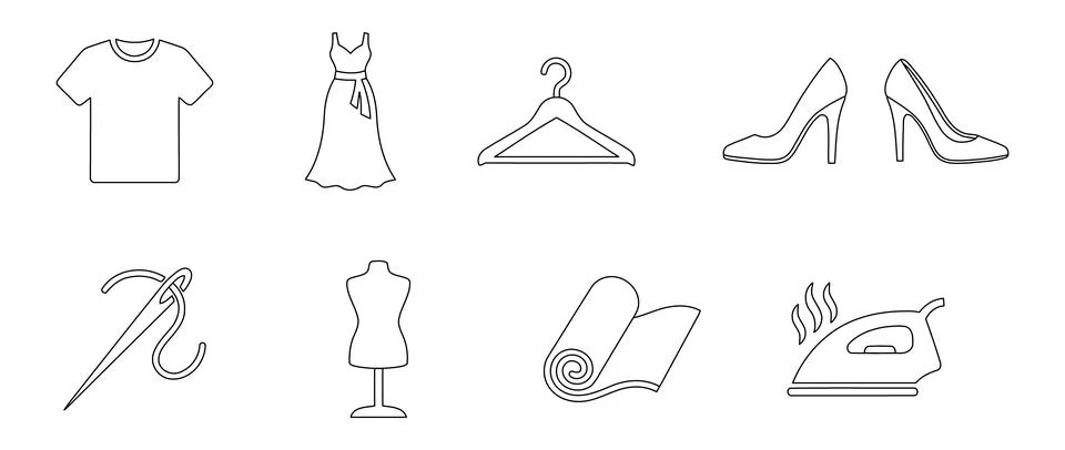 Simple vector outline icons representing the fashion, sewing, and apparel i.. Illustrazione stock