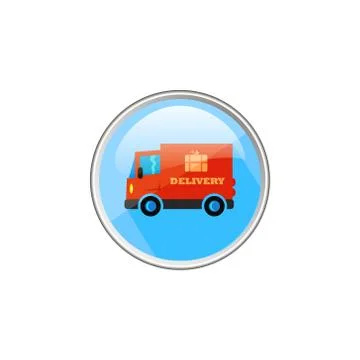 Simple vector round glass icon of red delivery car Stock Illustration