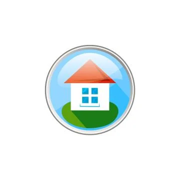 Simple vector round glass icon of white house with a red roof Stock-Illustration