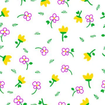 Simple Vector Seamless Cute Yellow and Purple Flower with green Leaf Pattern  Stock Illustration