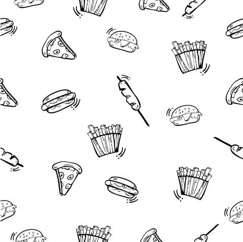 Simple Vector Seamless Hand Draw Sketch Background Vector Junk Food, Burger,  Stock Illustration