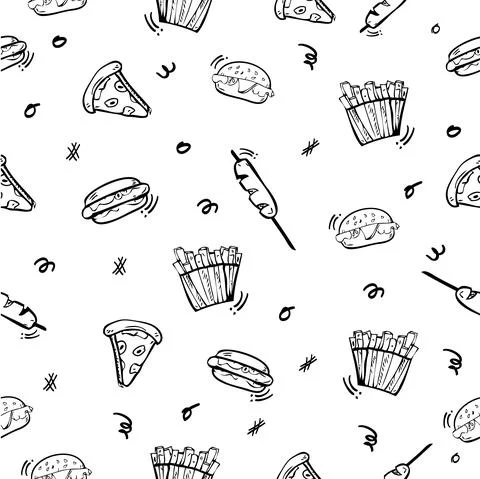 Simple Vector Seamless Hand Draw Sketch Background Vector Junk Food, Burger,  Stock Illustration