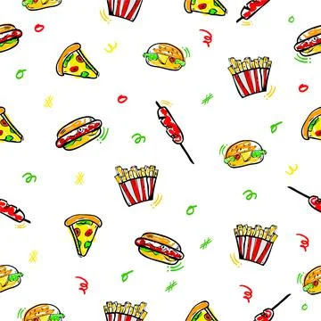 Simple Vector Seamless Hand Draw Sketch Background Vector Junk Food, Burger,  Stock Illustration
