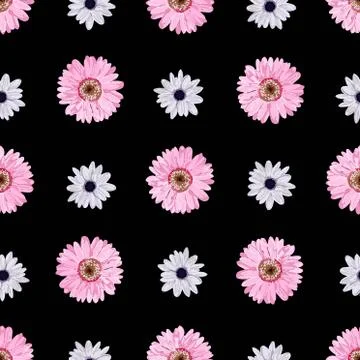 Simple vector seamless pattern with flowers. pink flowers on a black backgrou Illustrazione stock