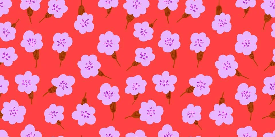 Simple vector seamless pattern with spring flowers on red. Ditsy flowers pattern イラスト素材