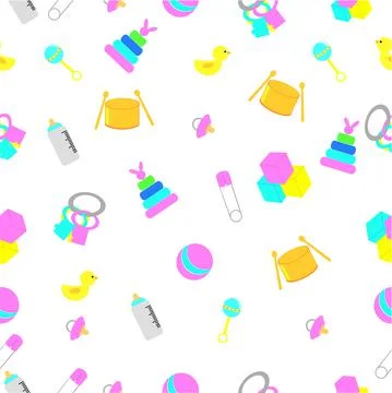 Simple Vector Seamless white Background, various Baby Stuff Stock Illustration