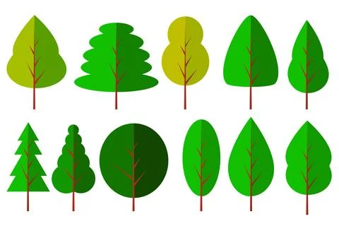 Simple vector set 11 flat trees, isolated on white 스톡 일러스트