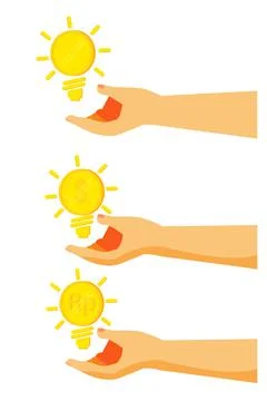 Simple Vector Set 3 Illustration Hand Give a Business Idea, Bulbe Golden Coin Stock Illustration