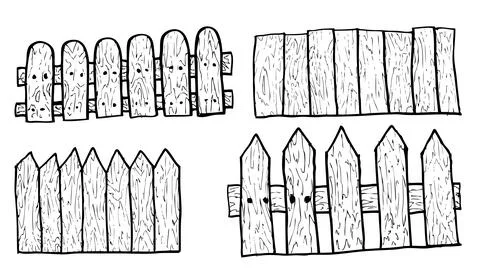 Simple Vector Set 4 Black White Hand Draw Sketch Wood Gate Stock Illustration