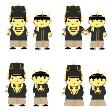 Simple Vector Set 4 cute central Java bride couple, isolated on White Stock Illustration