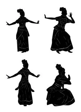 Simple Vector Set 4 Hand Draw Sketch and silhouette of Young Girl Traditional Stockillustratie
