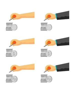 Simple Vector Set 6 Hand Saving or Taking Money Silver Coin, Isolated on Whit 스톡 일러스트