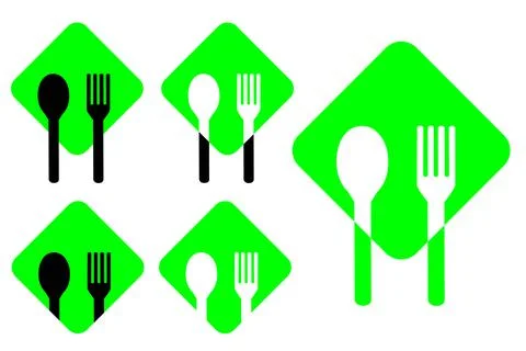 Simple Vector Set 6 Spoon and Fork at Squatre green plate for your restaurant Иллюстрация