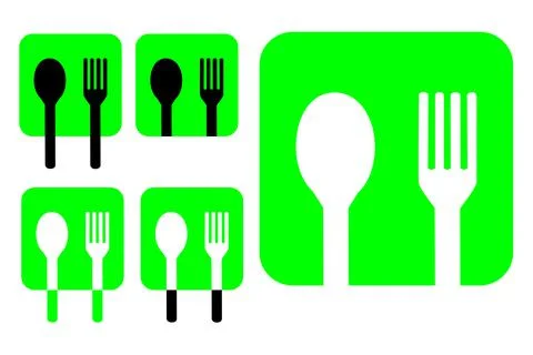 Simple Vector Set 6 Spoon and Fork at Squatre green plate for your restaurant Stock Illustration