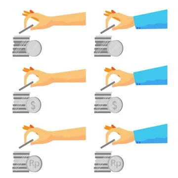 Simple Vector Set 6 Woman Hand Saving or Taking Money Silver Coin, Isolated o 스톡 일러스트