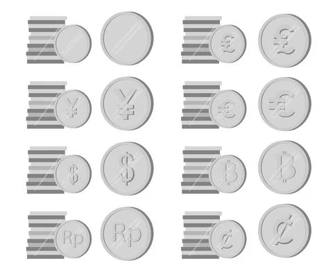 Simple Vector Set 8 Stack Silver or Chrome Coin, isolated on White Stock Illustration