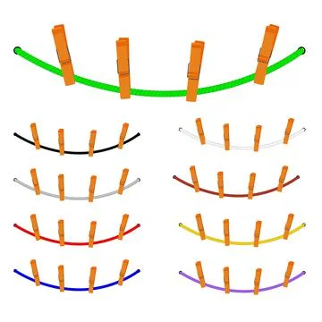 Simple Vector Set 9 Rope and Cloth Pins, for hanging something, isolated on w Illustrazione stock