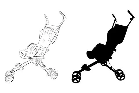 Simple Vector Set Sketch and silhouette of baby stroller Stock Illustration