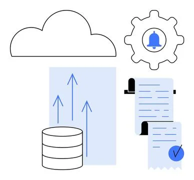 Simple vector shows cloud, database, chart with arrows, gear with bell, and d Stock Illustration