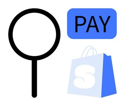 A simple vector shows a magnifying glass, a shopping bag with an S, and a PAY Stock Illustration