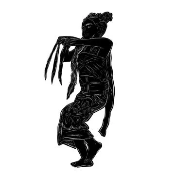 Simple Vector Silhouette and Hand Draw Sketch, Young Girl Traditional Bali In Stock Illustration