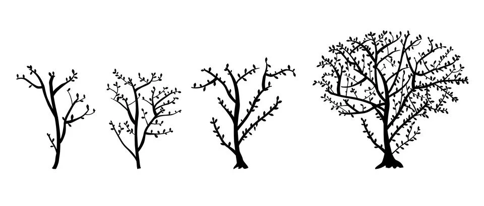 Simple vector silhouette tree branch and leaf, hand draw sketch set 4 Stock Illustration