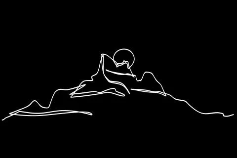 Simple vector single one or continuous line, mountain and sun Stock Illustration