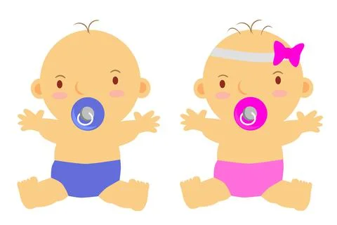Simple Vector Sitting Baby Boy and Girl with nipple, isolated on white Stock Illustration