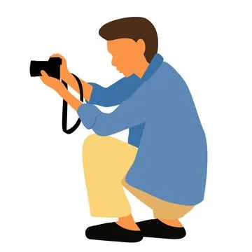 Simple Vector Sitting Photographer Take a Photo Using DSLR or Mirrorless Stock Illustration