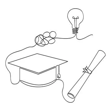 Simple vector sketch certificata graduation cap and bulb line single one li.. Stock Illustration