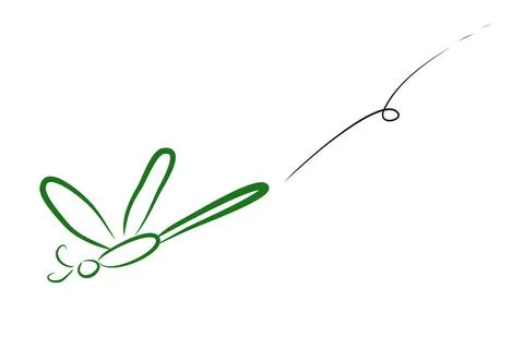 Simple Vector Sketch of Flying Green Dragonfly, isolated on white Stock Illustration