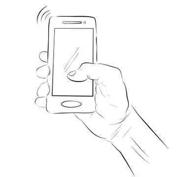 Simple Vector sketch of hand holding smartphone at white Background Stock Illustration
