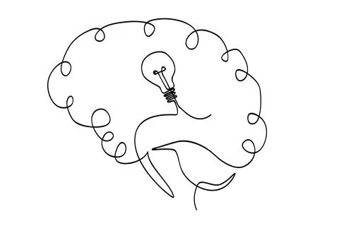 Simple vector sketch human brain and bulb lamp idea, single one line art, c.. Stock Illustration