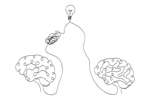 Simple vector sketch human brain and bulb lamp idea, single one line art, c.. Stock Illustration