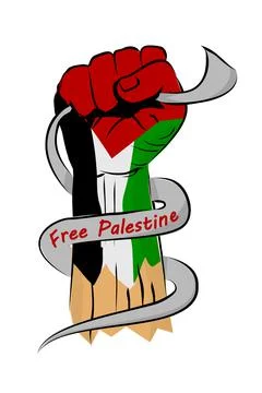 Simple Vector Sketch Punching or Fisting Hand, Palestine Flag and Arabic Text Stock Illustration