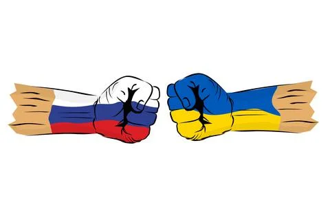Simple Vector Sketch Punching or Fisting Hand, Ukraine and Rusia Flag Body Pa Stock Illustration