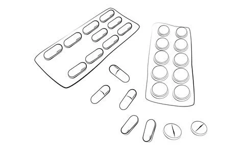 Simple vector sketch top view, stack of pills and capsules Stock Illustration