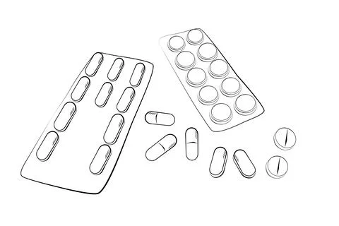 Simple vector sketch top view, stack of pills and capsules 스톡 일러스트