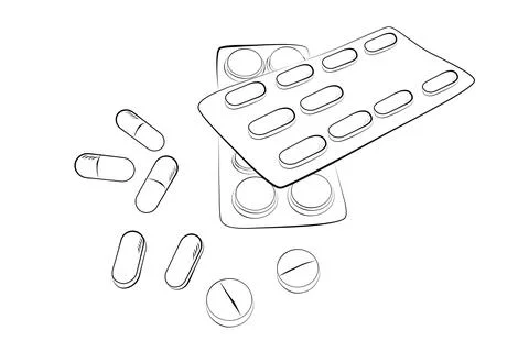 Simple vector sketch top view, stack of pills and capsules Illustrazione stock