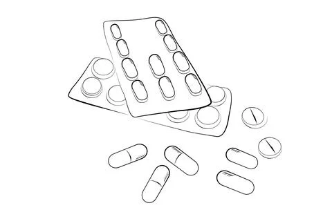 Simple vector sketch top view, stack of pills and capsules Stock Illustration