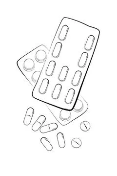 Simple vector sketch top view, stack of pills and capsules Stock Illustration