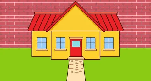 A simple vector-style drawing of a cozy yellow house featuring a red roof, a  Stock Illustration