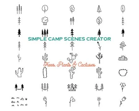 Simple vector trees and cactuses icons shapes set. Logo creation kit. Outdoor 스톡 일러스트