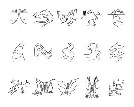 Simple vector valleys, rivers and mountains icons shapes set. Logo creation kit Illustrazione stock