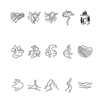 Simple vector valleys, rivers and mountains icons shapes set. Logo creation kit Stock Illustration