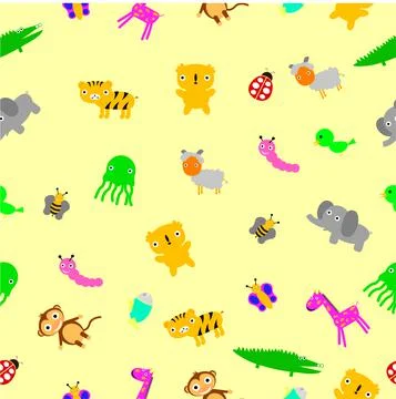 Simple Vector Yellow Seamless Background, Baby Animals Stock Illustration