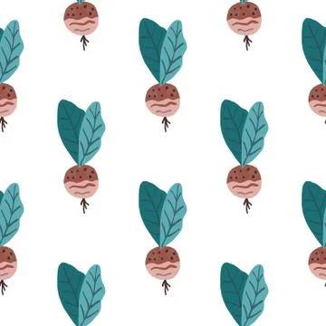 Simple vegetable seamless pattern with radish. Maroon vegan food with turquoi Stock Illustration